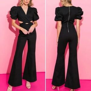 Flying Tomato Bell Bottom Jumpsuit Black Puff Sleeve Cutout Belly Party Small